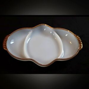 Vintage Fire King Made in USA White Milk Glass with Gold Trim Divided Dish